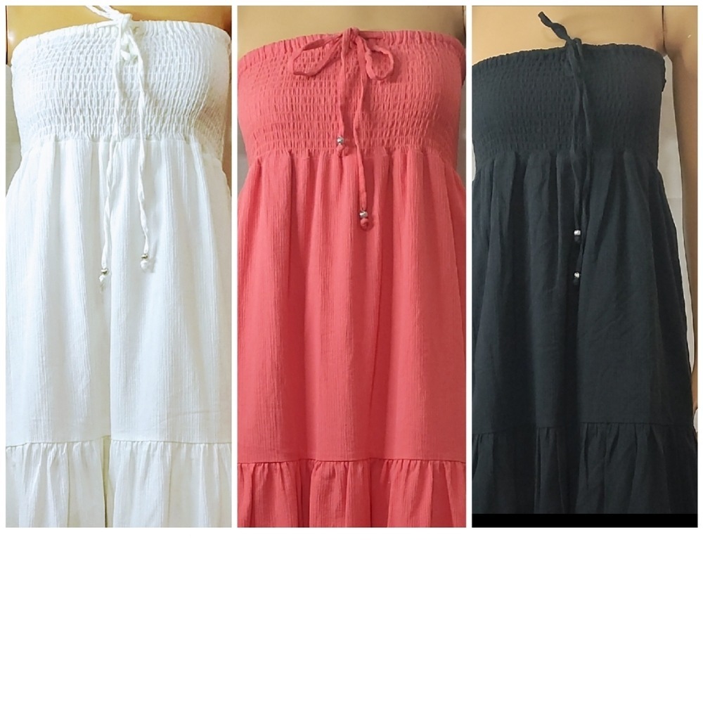 Set of 3 D&Co Pink, Black and White Strapless Smocked Sundress with Ruffled Tier